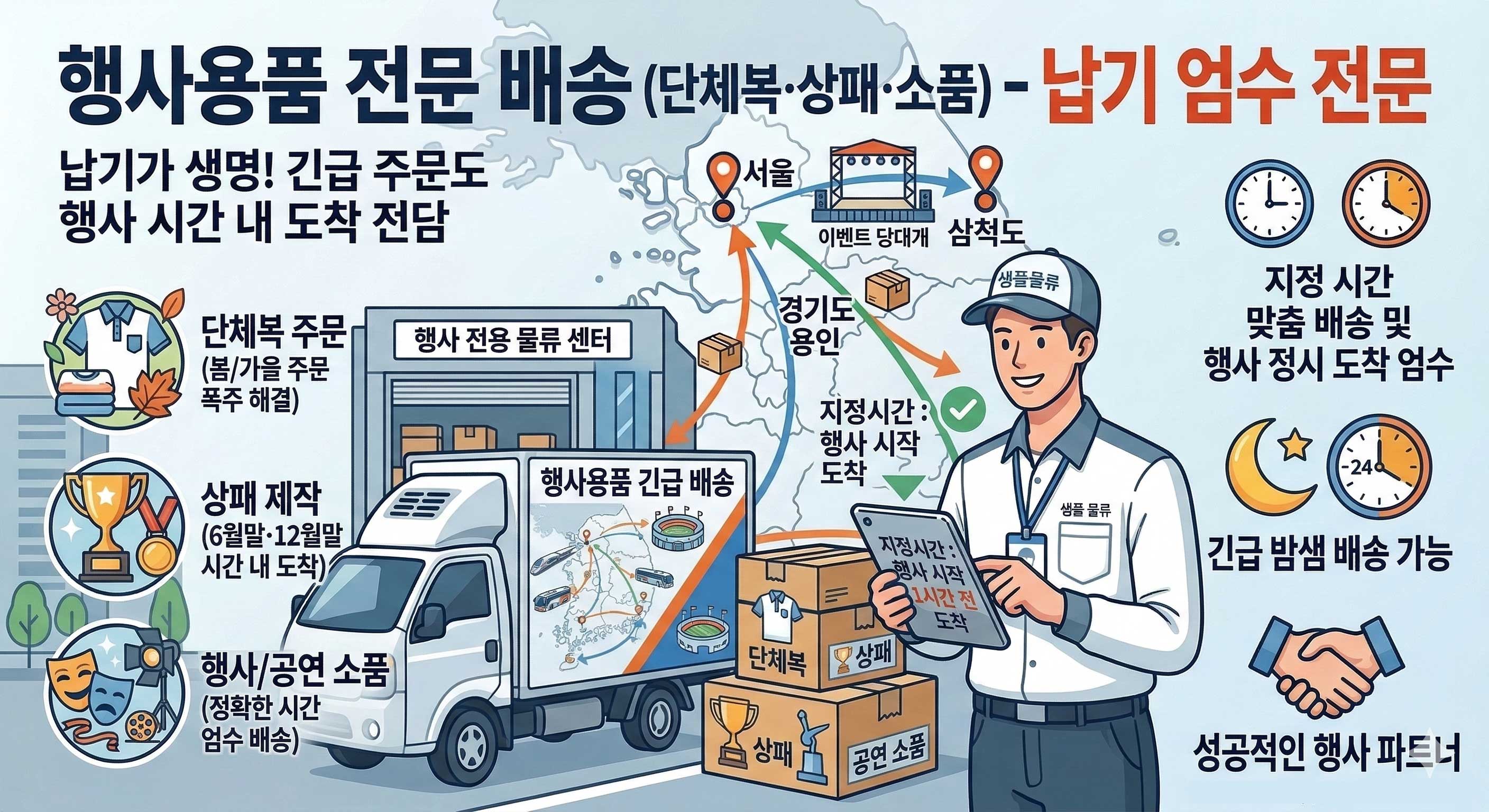 행사용품 전문 배송(단체복 상패 소품)- 납기 엄수 전문